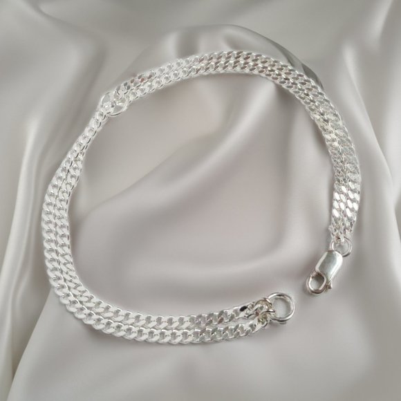 Real Silver Double Curb Bracelet, 925 ITALY SOLID Sterling Silver Cuban Link 3mm - Picture 3 of 3